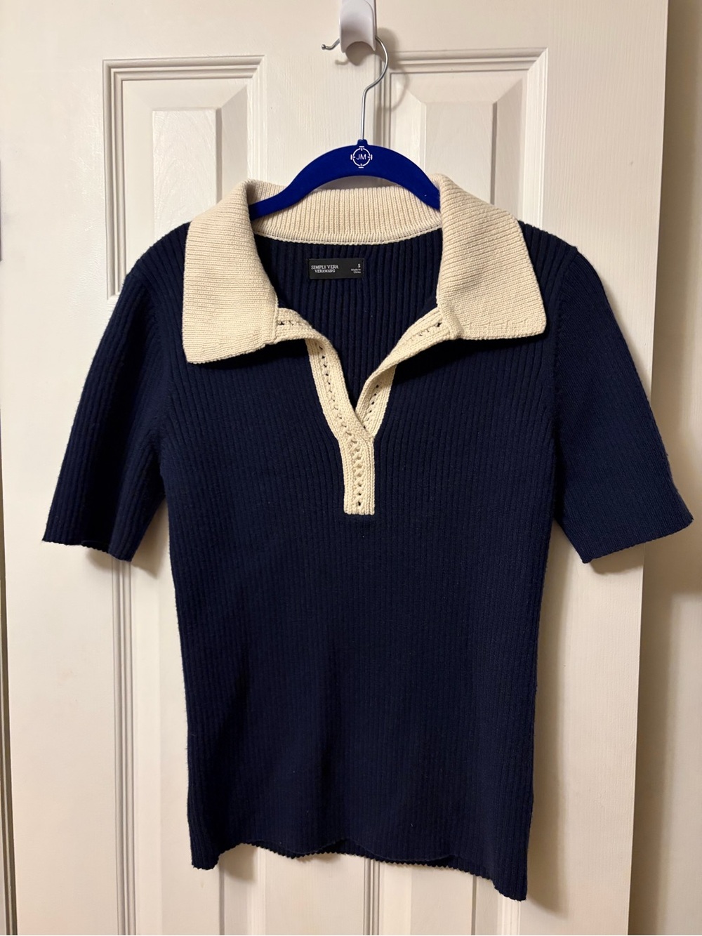 Simply Vera Vera Wang Navy Ribbed Knit Contrast Collar Polo Sweater NWOT